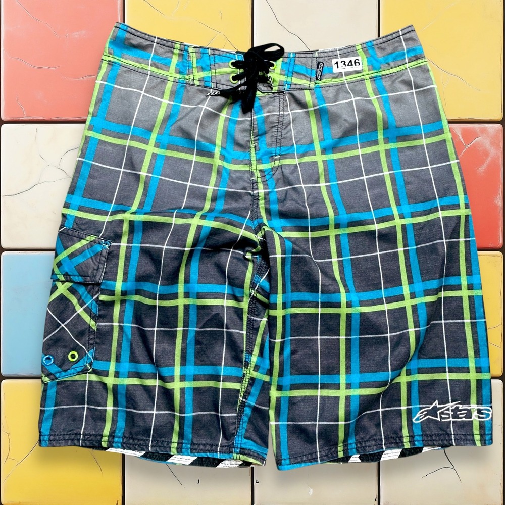 VTG Alpinestars Plaid Board Shorts Grey Men Size 32 Swim Surf Board Wax Tool